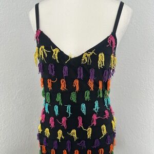 Vintage 70s 80s Modet of California black sheath tassel fringe dress women's LGE